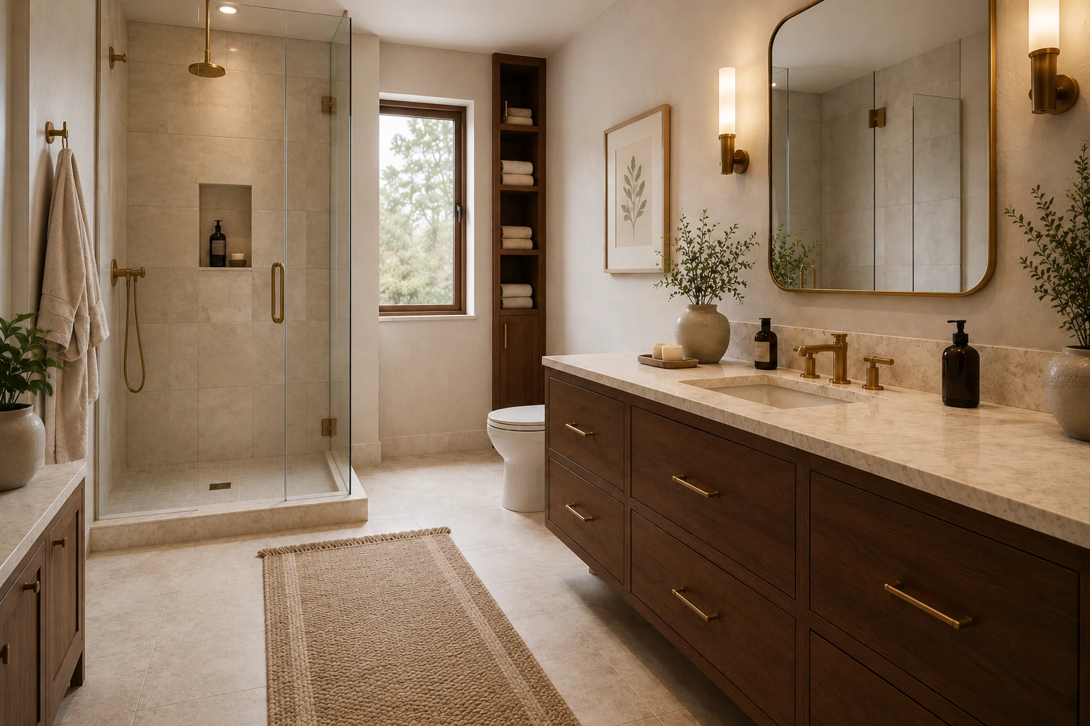 Concept image of a warm contemporary bathroom with a walk-in shower behind clear glass, a tall walnut linen cupboard beside a window, and a long walnut vanity with a stone counter and a brass-framed mirror.