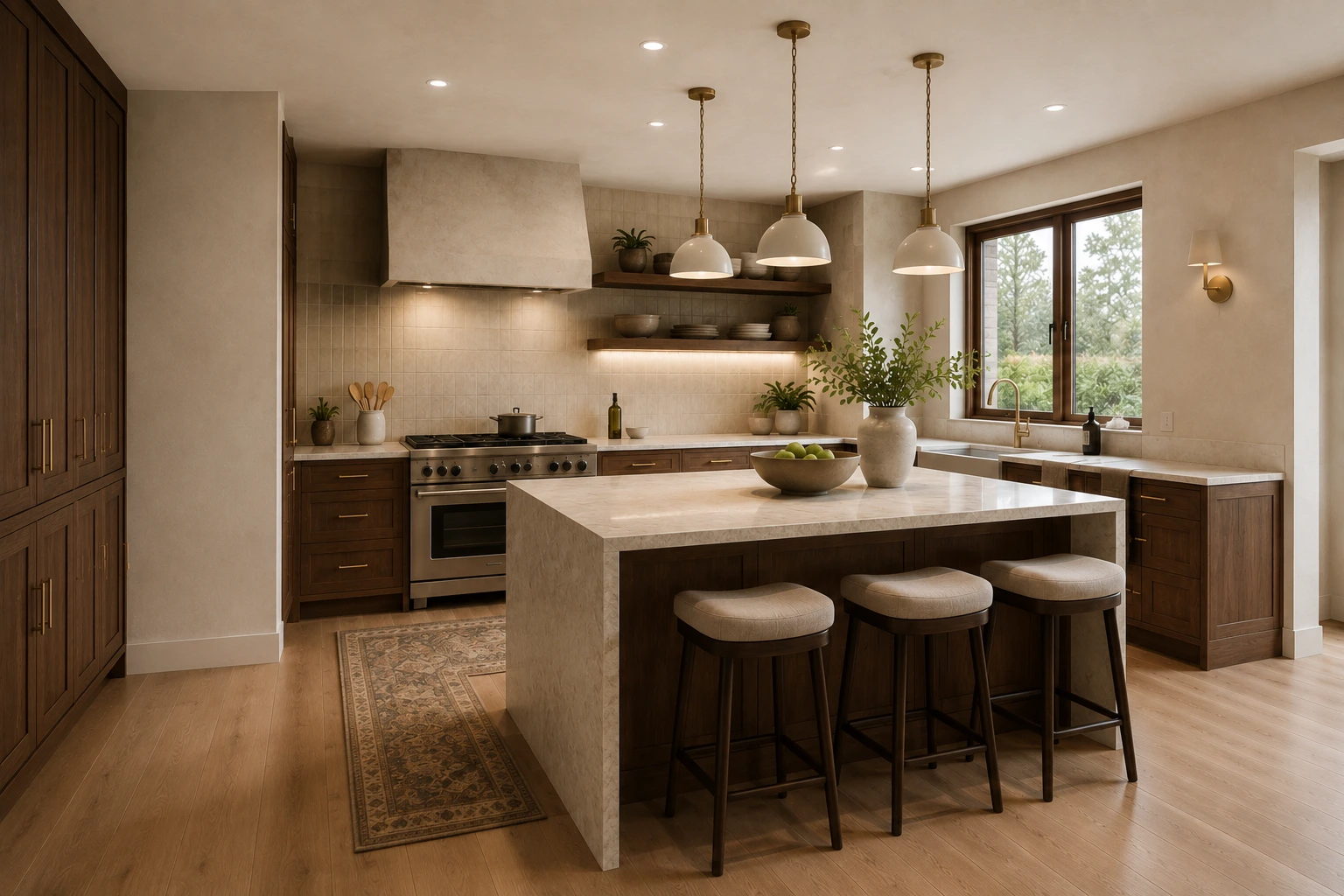 Concept image of a warm contemporary kitchen with walnut storage cabinetry along one wall, a range and hood on the back wall, a stone-topped island with three stools, and a window over the sink.