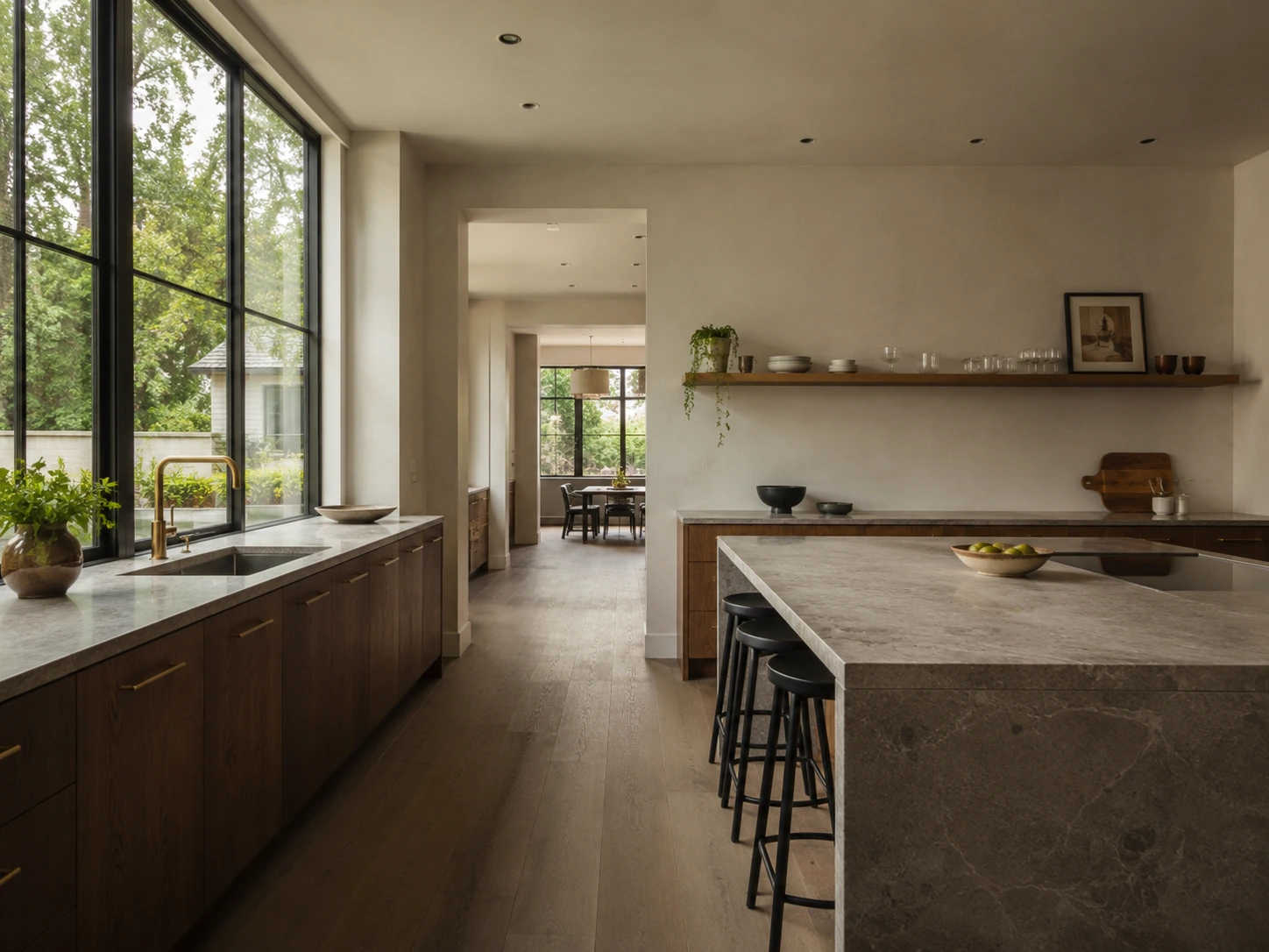 Concept image of a warm kitchen showing how the layout, the material palette and the storage plan work together in one room.