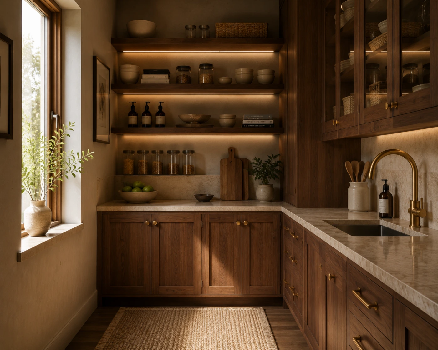 Concept image of a compact pantry with warm wood open shelving holding jars and bowls above a clear stone counter, lit by a small side window.