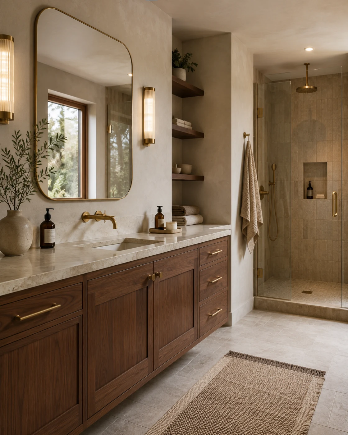 Concept image of a calm bathroom with a long walnut vanity, honed stone counter, a large brass-framed mirror, open shelving and a walk-in shower behind clear glass.